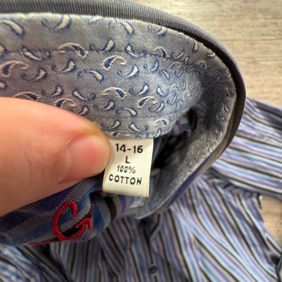 Robert Graham Shirt Youth Large 14-16 Pruple Stripe Preppy Flip Cuff Boys Casual - Image 4 of 4