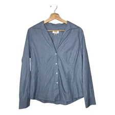 Talbots Top Womens 14 Blue Button Down Career Cotton V Neck Business Casual