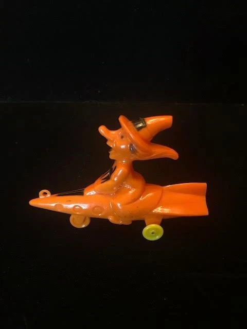 Vintage Rosbro Halloween Hard Plastic Pull Toy Witch On A Rocket 