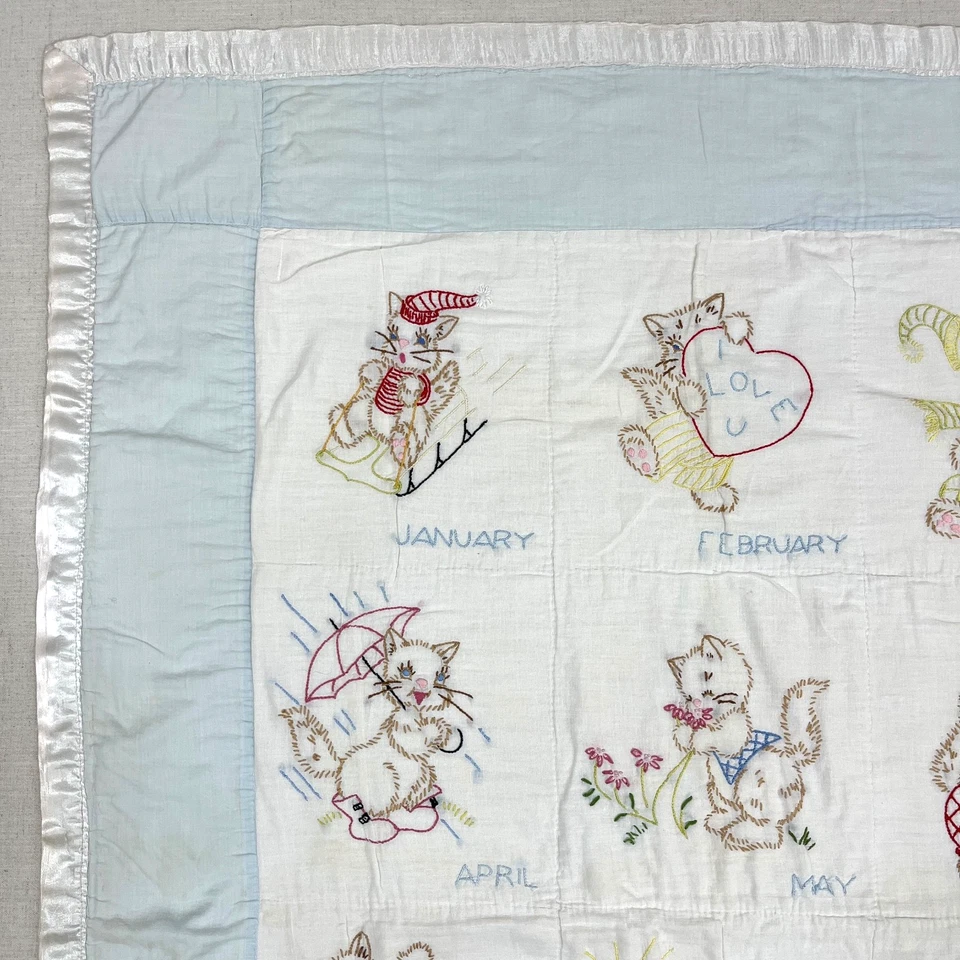 Manta Cuna Bebé Vintage Gatos Gatitos Costura Hecha a Mano Meses del Año Foto 3 de 4