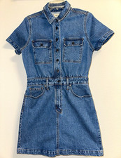 Madewell Blue Denim Solid Shirt Dress Collared Button Front Pockets Short 6