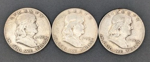Lot of (3) 1950-P Franklin Silver Half Dollars - 90% US Coinage - Junk Silver