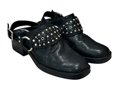 Lucky Brand Black Leather Studded Mule Clogs Women 6 Slingback Buckle MOTO Biker