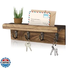 HRONRAD Rustic Key Holder for Wall, Farmhouse Wall Shelf with 4 Hooks, Wall M