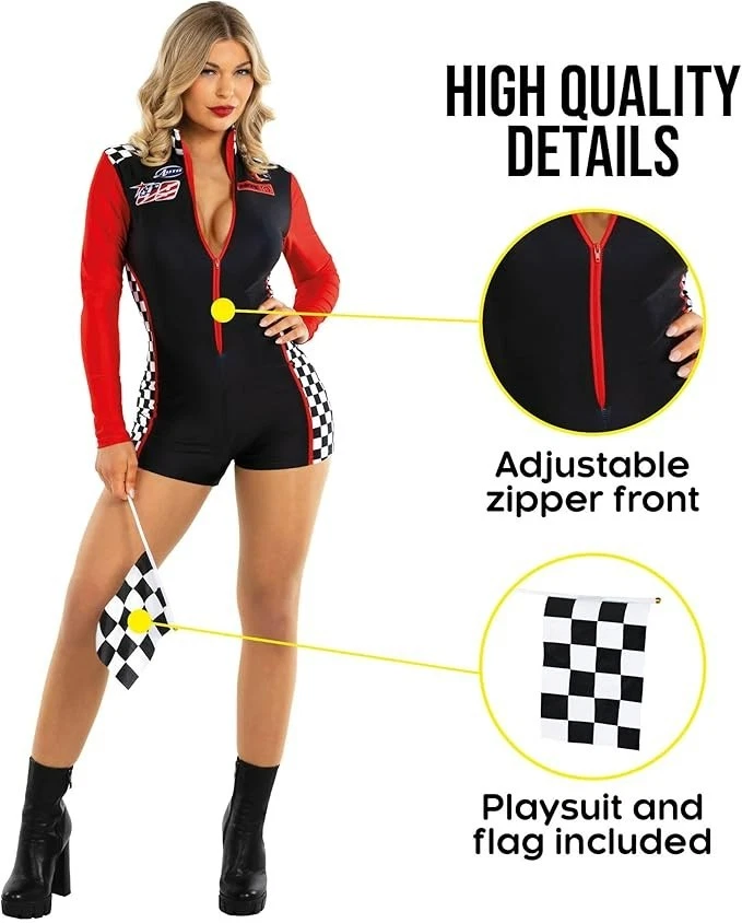 Women`s Sexy Race Car Driver Costume Super Car Racer Racing Jumpsuit Flag S-3XL - Image 2 of 4