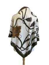 AS1 Vintage Silk Square Scarf Equestrian Stirrup Belt Tassel Print White Green