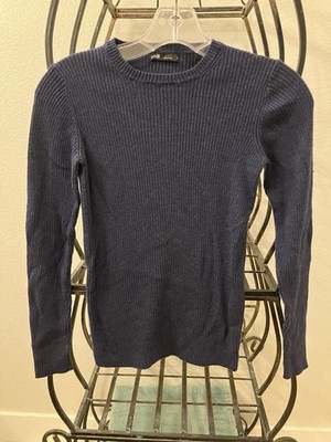 Women's Navy Blue Ribbed Knit Sweater Size XS Cotton