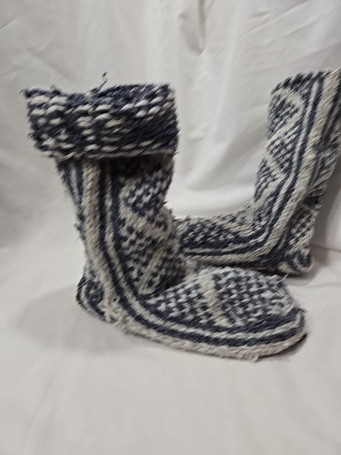 Unisex Knit Boot Sock Slippers Hand Made Suede Sole. Size L Blue And White - Picture 4 of 13
