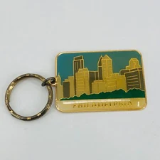Vtg Philadelphia Pennsylvania Souvenir Enamel Brass Keychain Key Ring Skyline