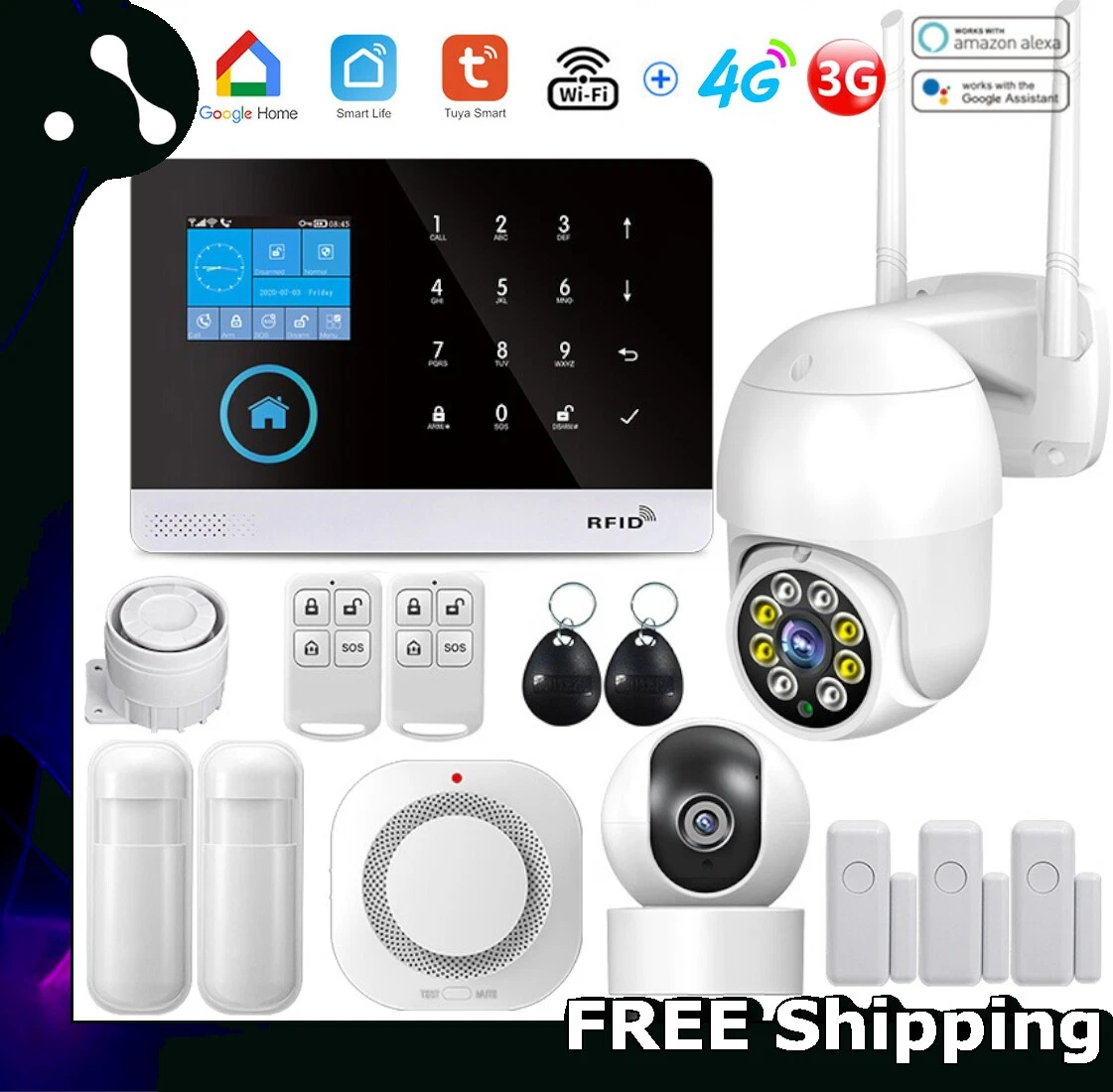  YISEELE Sistema de seguridad para el hogar, sistema de alarma  GSM 4G/3G para casa, alarma antirrobo inalámbrica, kit de 10 piezas con  pantalla LED, detector inmunológico para mascotas, sensor de puerta