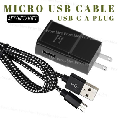 Micro USB Fast Charger For Samsung Android Braided Data Cord 3/6/10Ft USB A Plug