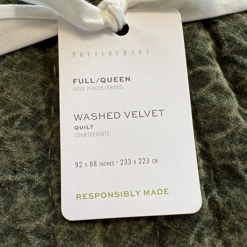 POTTERY BARN WASHED VELVET HANDCRAFTED QUILT, FULL/QUEEN ~ LODEN GREEN - Picture 5 of 10