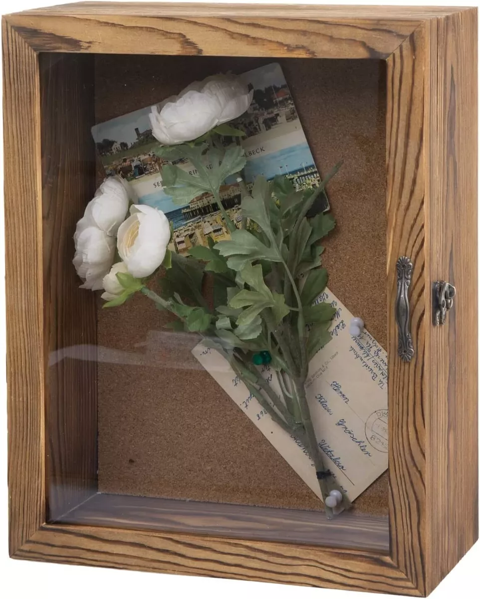 Rustic Burnt Wood Shadow Box w/ Cork Board Backing - Wall Mounted Display  Case