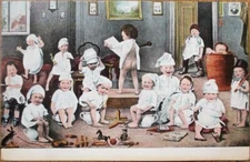 Multiple Baby 1903 French Fantasy Postcard, Babies with Toys and Games