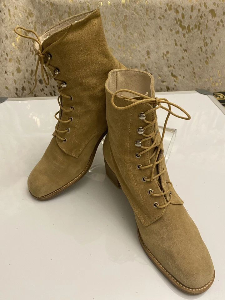 "Botas de colección Joan & David al tobillo marrón camel con cordones finas gamuza tacón 2"" combate 36" Foto 2 de 4