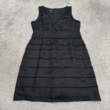 Talbots Linen Tiered Fringe V-Neck Sleeveless Sheath Dress Women 14 Petite Black