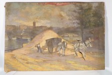 EMILE BERNARD ANCIEN TABLEAU HUILE SUR TOILE BORD DE SEINE ATTELAGE CHEVAUX