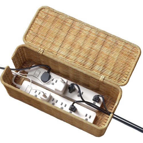 Under Desk Cable Management Box,2 Open Slots Handmade Rattan Cable Organizer