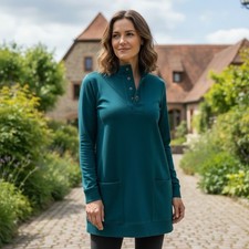 Soft Surroundings Sweatshirt Tunic Teal Button Pockets Pullover Small