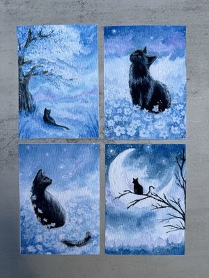 ACEO PRINT | Set Of 4 | Oil Paint Black Cat Series | ScrapsofSerotonin