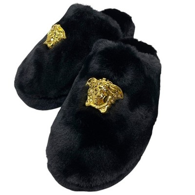 New Versace Slippers Medusa Faux Fur Black Size 41 Luxury Loungewear