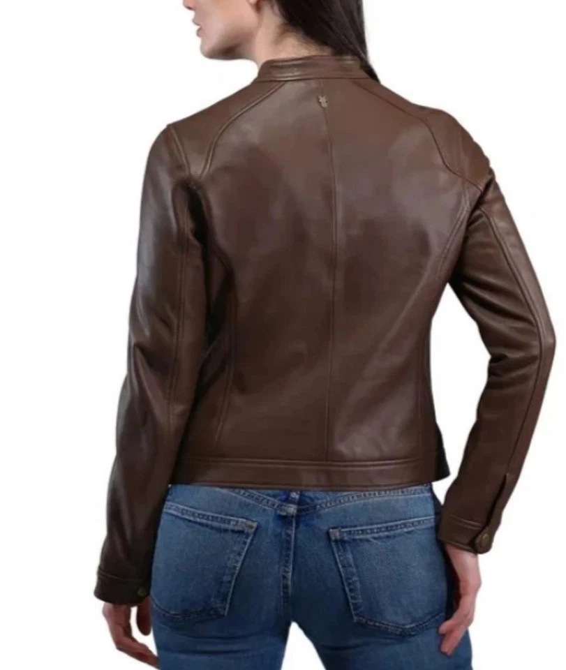 NOVA Jaqueta Feminina de Couro Marrom Escuro FRYE Zíper Completo Tamanho M S69 - Imagem 2 de 3