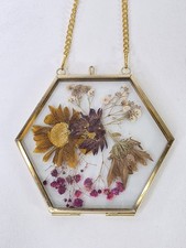 Pressed Flower Art Hexagon Glass Frame Gold Chain Hanging Botanical Decor 4"