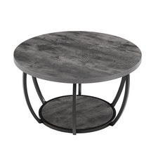 Sturdy 2-Tier Round Coffee Table 31.6in Wood-Grain Top 77lb Grey Metal