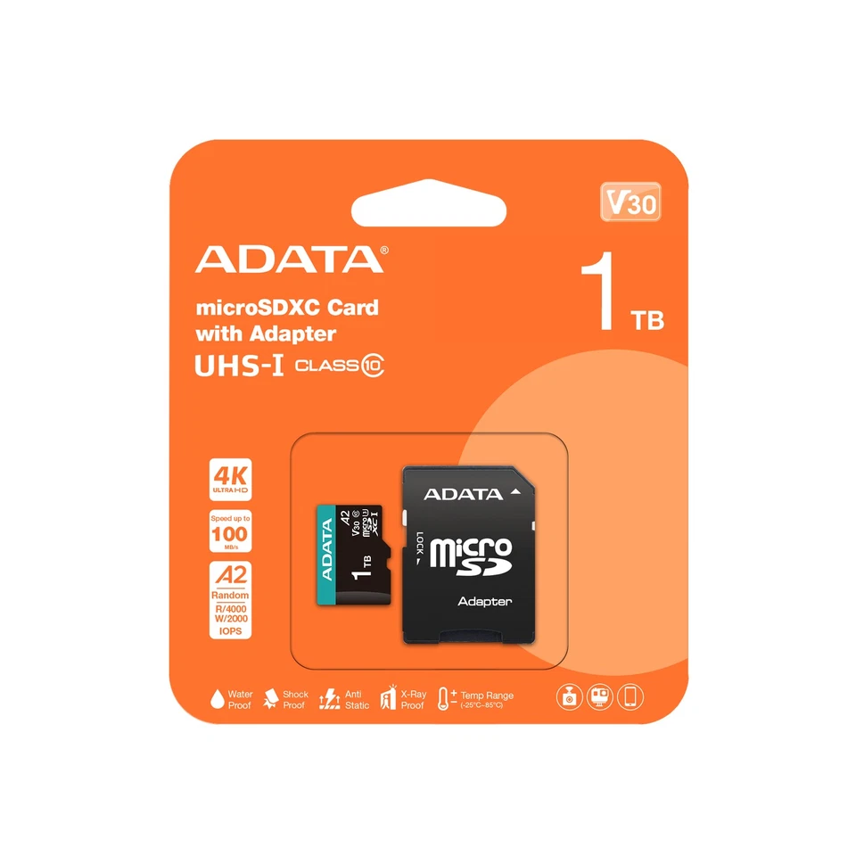 Tarjeta de memoria AData Premier Pro microSDXC CL10 UHS-I U3 V30 A2 de 1 TB con adaptador SD Foto 3 de 3