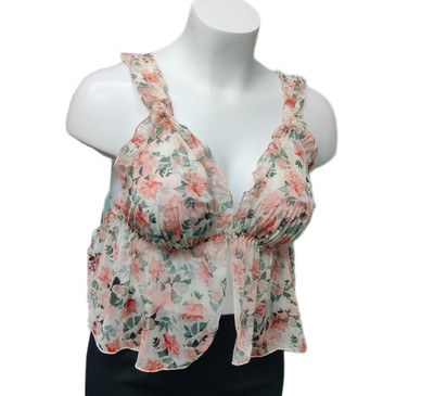 Womens Babydoll Camisole Top 2XL Pink Green Flowers Sheer Ruffle Fairy Coquette