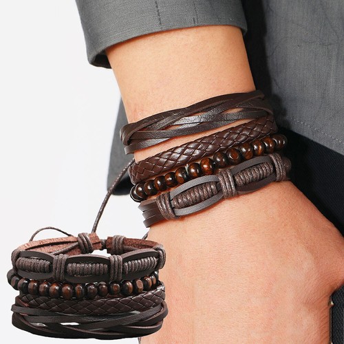 Mens Leather Braided Surfer Wristband Bracelet Tiger Eyes Beaded Bangle Gift New - Picture 4 of 30