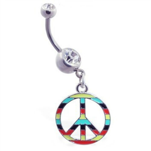 Belly Ring Peace Sign Rasta Open Design Dangle Naval Steel Body Jewelry - Picture 1 of 3