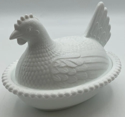 Vintage White Indiana Glass Nesting Hen Rooster Covered Candy Dish Trinket MCM