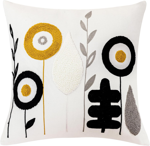 Boho Floral Tufted Decorative Throw Pillow Cover Botanical Embroidered Cotton Cu