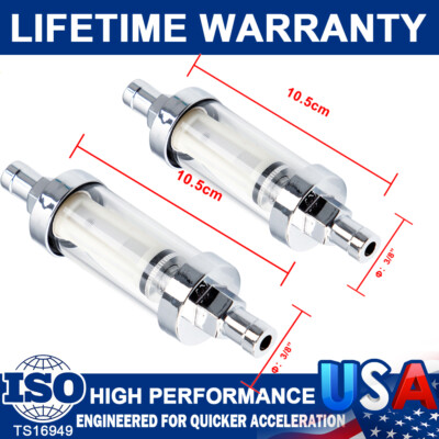 Pack Of 2 3/8 Chrome & Glass Clearview Fuel Filter Petrol Diesel Inline Reusable