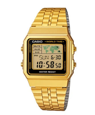 Casio A500WGA-1 Digital Stopwatch World Time Stainless Steel Band 