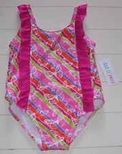 Girls Dot & Zazz Pink 1 Pc Fully Lined Ruffled Butterfly Swimsuit UPF 50 XS 4-5