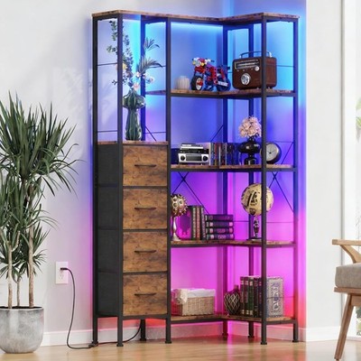 Corner Bookshelf   LED Strip Lights & 4 Fabric Drawers 5-Tier