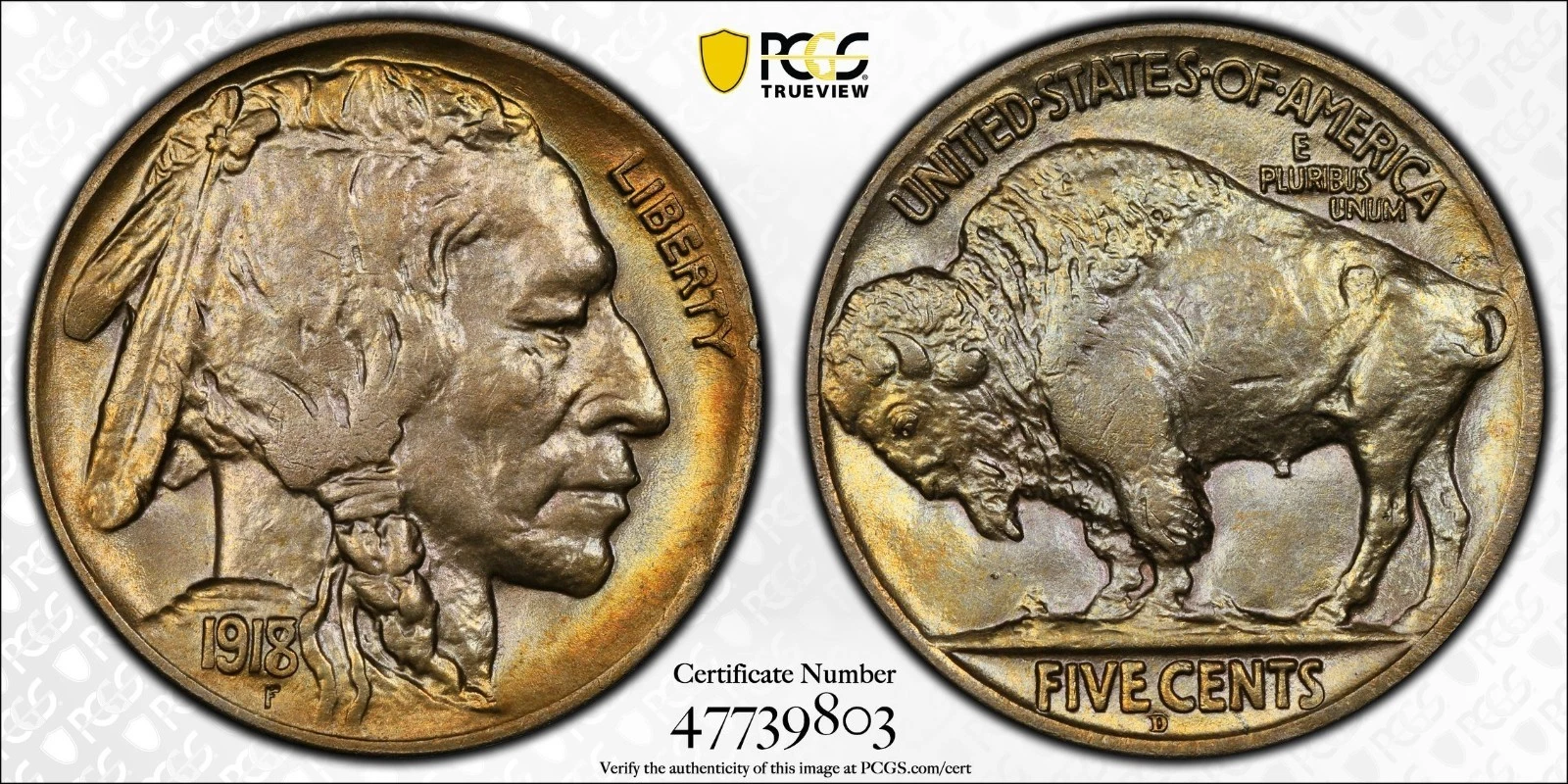 1918/7 D Buffalo Nickel 5c PCGS MS 64