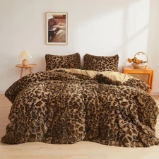 Cheetah Print Fluffy Faux Fur Duvet Cover Set, 3 Pieces Soft Plush Shaggy Fuz...