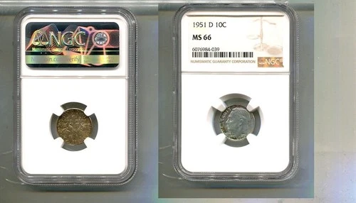 1951 D ROOSEVELT SILVER DIME NGC MS66 6617T