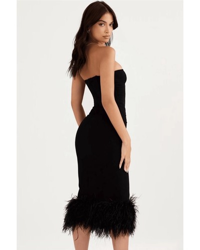 House of CB Dress XS AU 6 US 2 Fionula Black Midi Corset Feather Hem Strapless - Picture 4 of 18