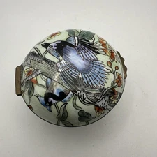 Chinese Canton Enamel Flower Bird Covered Small Trinket Box Decor