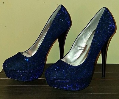 Qupid Blue Glitter Platform Stiletto Pumps Women s Slip On Round Toe Sz 6.5