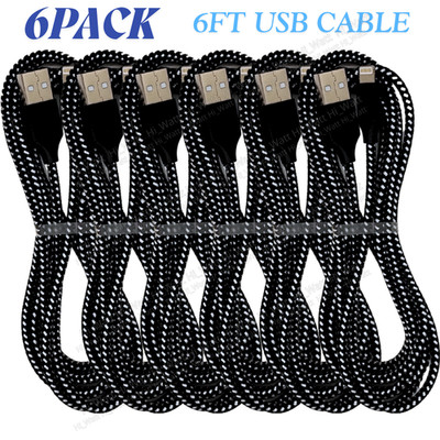 6 Pack 6Ft USB Charger Cable Heavy Duty For iPhone 7 8 X 11 14 13 Charging Cord