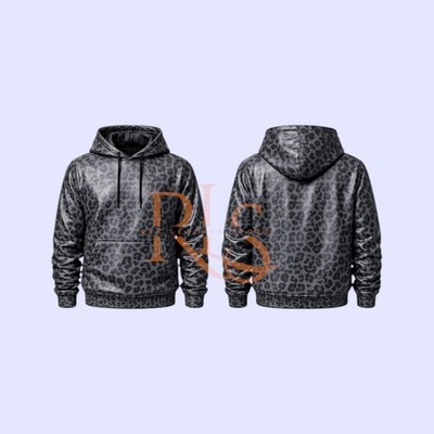 Men's Black Leather Hoodie Printing Style Genuine Soft Lambskin Leather Hoodie