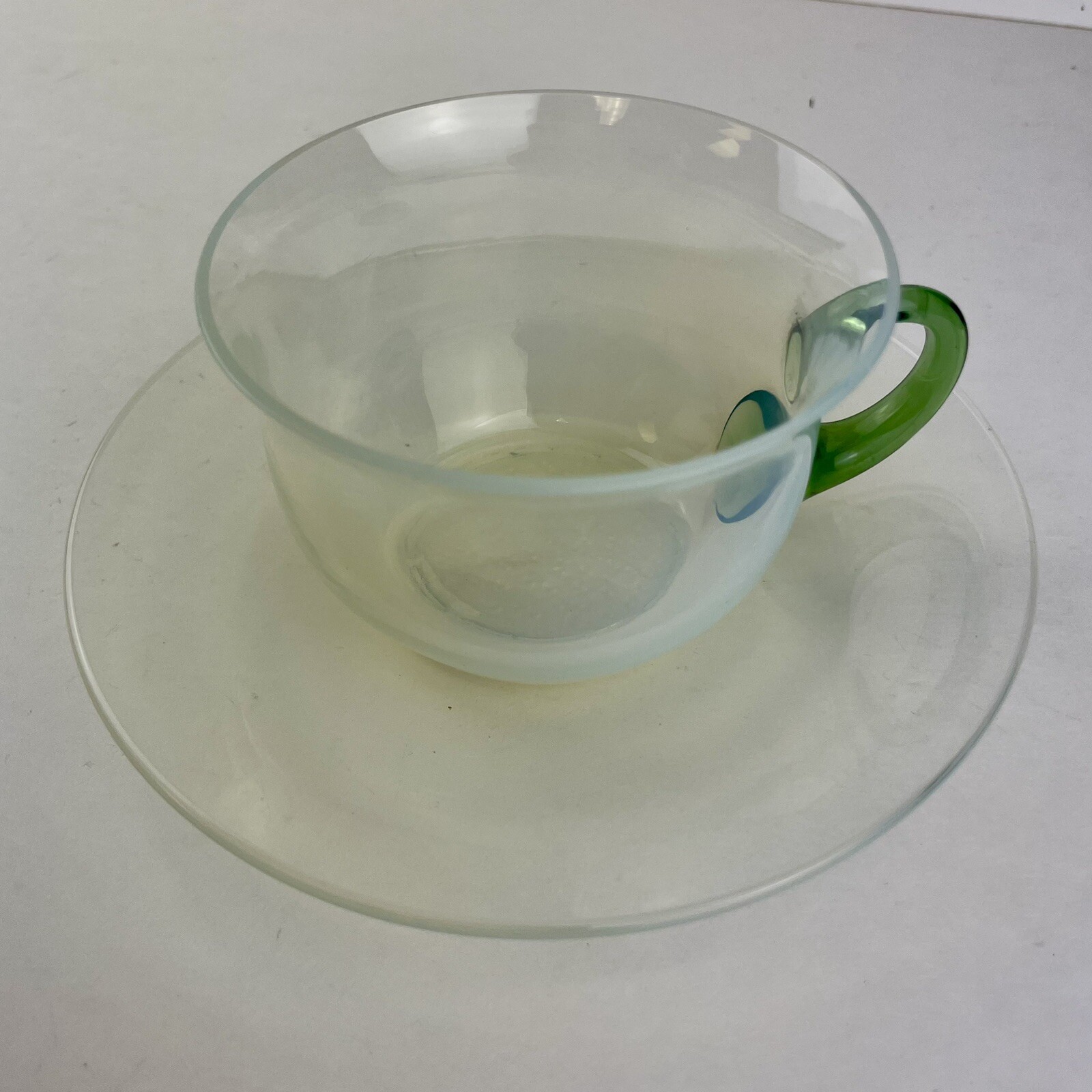 Fry Foval Cup & Saucer Jade green handle Opaline Antique Vintage Art Glass