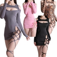 Womens Long sleeve Bodycon Dress Sexy Cutout Off Shoulder Side Split Mini Dress
