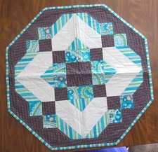 Handmade Quilted Table Topper, Aqua, Lime, Dark Grey, White, 22" Hexagon