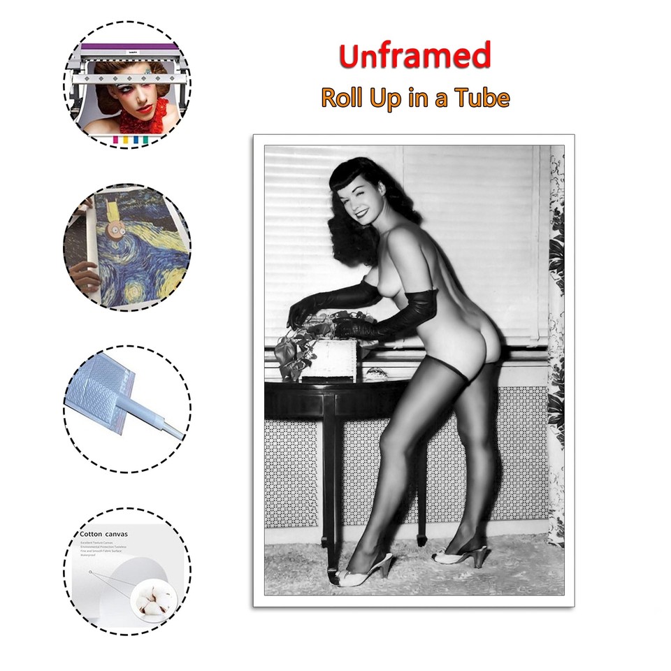 Bettie Page Naked With Gloves Canvas Wall Art Poster Picture Print